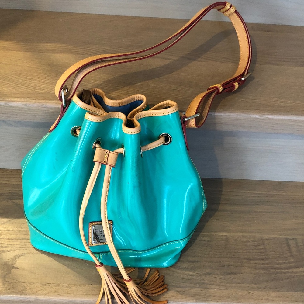 Dooney & Bourke Teal Patent Leather Drawstring Bucket Bag with Tan Trim - Picture 5 of 16
